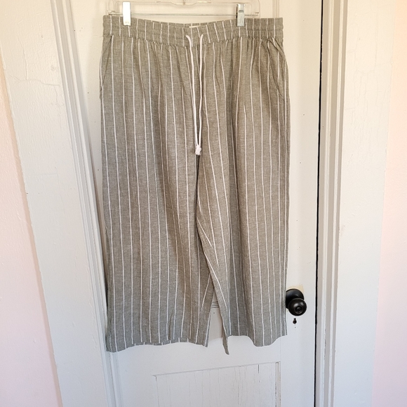 BeachLunchLounge Margo Green Striped Linen/Cotton Blend Cropped Wide Leg Pants L - Picture 4 of 9